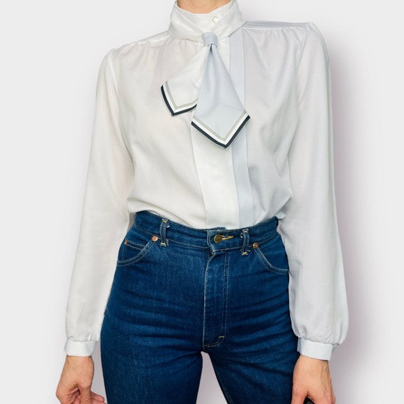 Vintage‎ 80s Grant Park Gray and White Two Tone Blouse - Picture 3 of 6